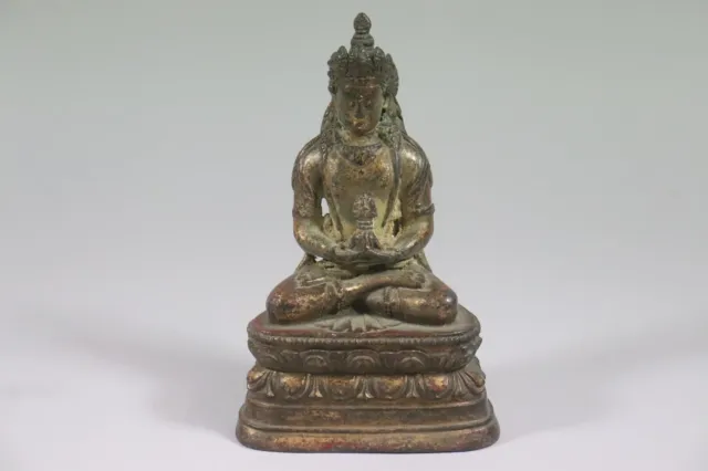 Meditierender Buddha Bronze Figur Restvergoldung China (GB998)
