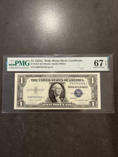 DJ Block. $1 1935G  With Motto Silver Certificate. Fr.1617. PMG 67 EPQ.
