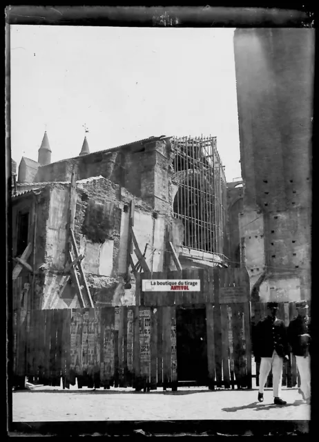 Plaque verre photo ancienne négatif noir et blanc 6x9 cm église ruine vintage