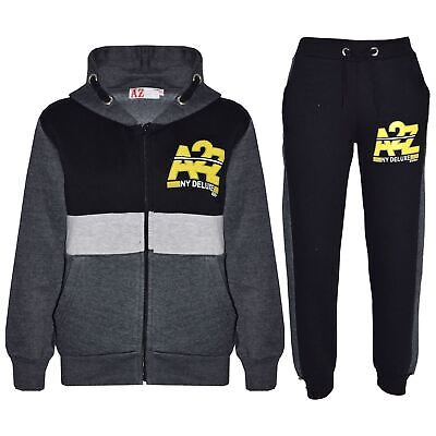 Kids Unisex Contrast Panel Tracksuit Charcoal A2Z NY Deluxe Print Activewear Set