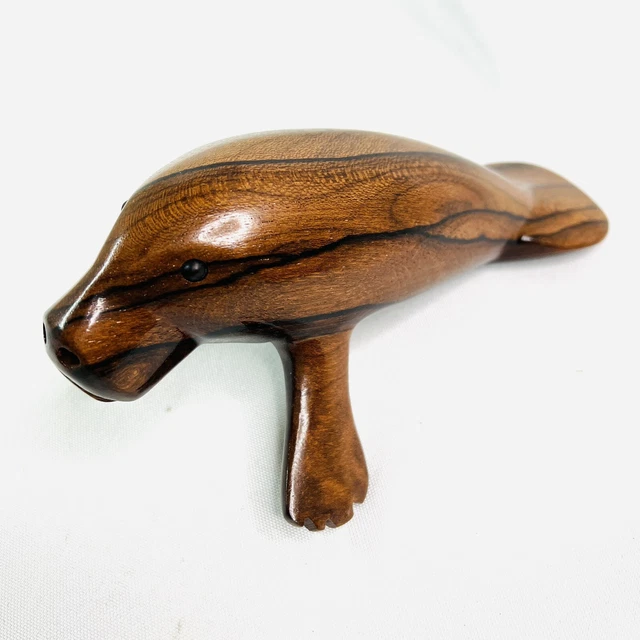 Sea Cow Manatee Wood Hand Carved Figure Dark Brown Polished Sea Life Statue