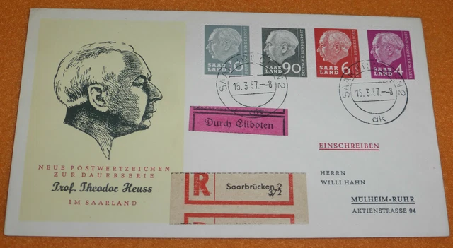 Saarland OPD Saarbrücken Heuss Expres R-Brief FDC 1957 R-Zettel ABART Fehldruck