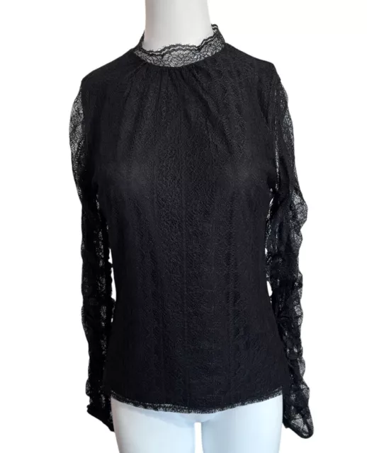 Express Lace Top Blouse M Black Mock Neck Ruched Long Sleeve Lined Gothic Witchy