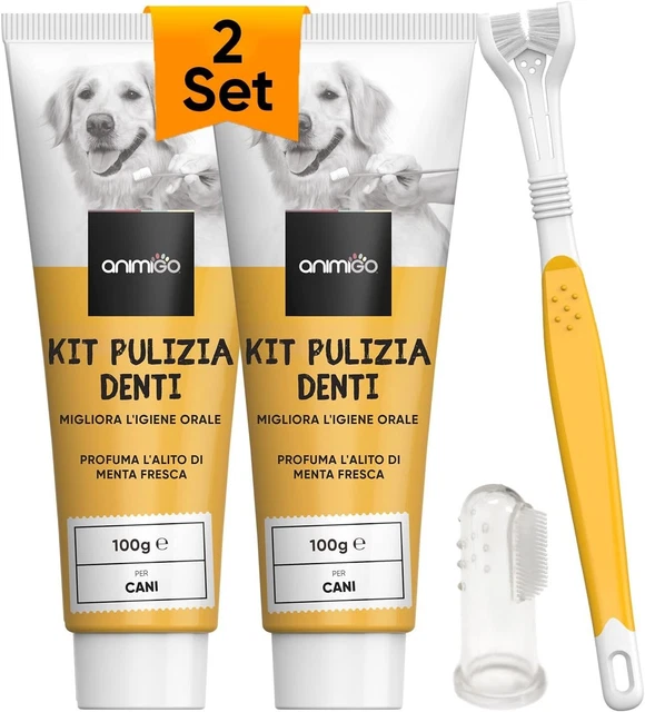 Kit Spazzolino per Cani a 3 Teste + Spazzolino da Dito + 2 Dentifricio per Cani