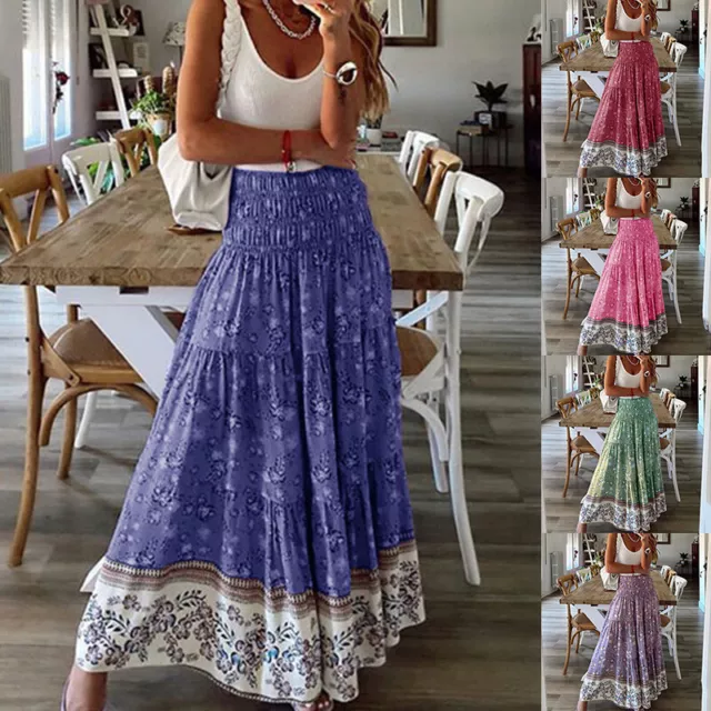 Womens Boho Floral Long Maxi Skirt Ladies High Waist Beach Ruffle Swing Dress UK