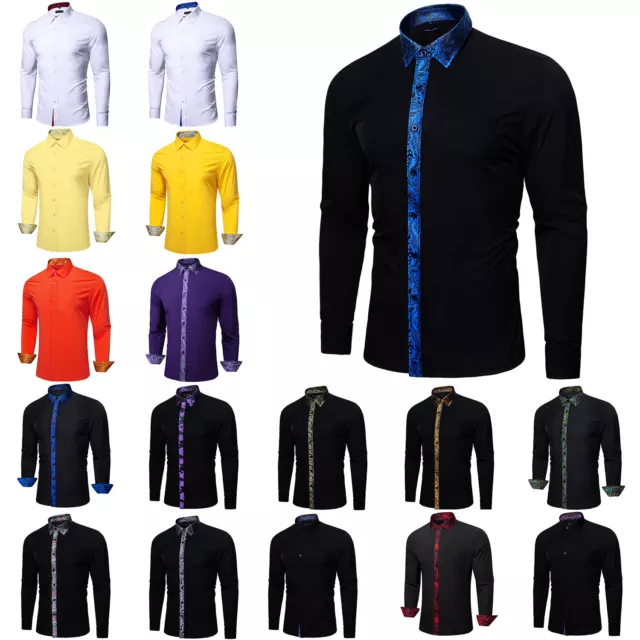 Mens Dress Silk Shirt Long Sleeve Blue Paisley Casual Button Down Shirts Men Top