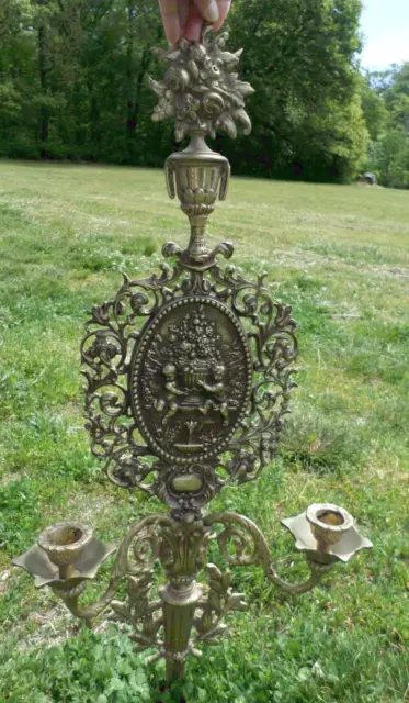 27" Inch Wall Candle Sconce Brass with 2 Arms - Cherubs, Flowers, Ornate