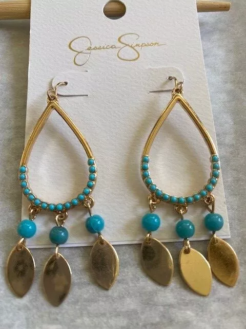 Jessica Simpson goldtone turquoise blue beaded dangle earrings