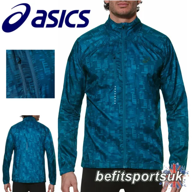 Asics Mens Running Jacket Lightweight Wind Coat Zip Top Packable Blue S M L