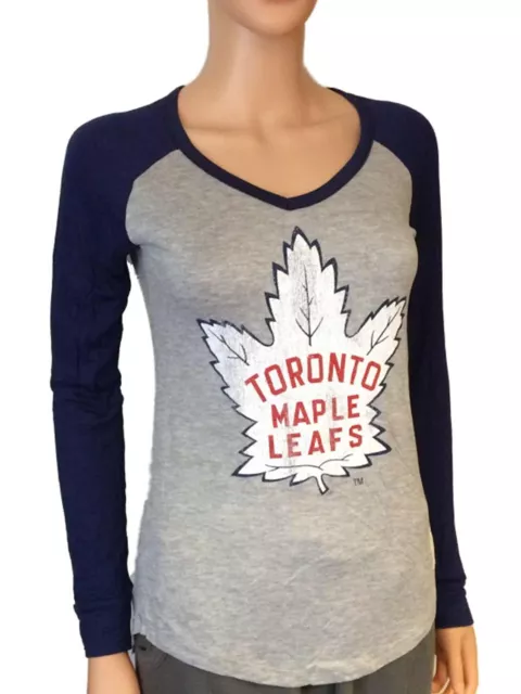 Toronto Maple Foglie Rétro Marca Donna Blu Navy Bicolore Scollo A V Ls T-Shirt