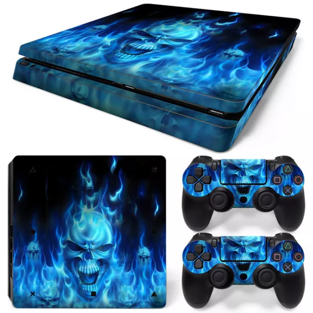 PS4 Slim PlayStation 4 Slim Skin Stickers PVC for Console  & 2 Pads *Blue Fire*