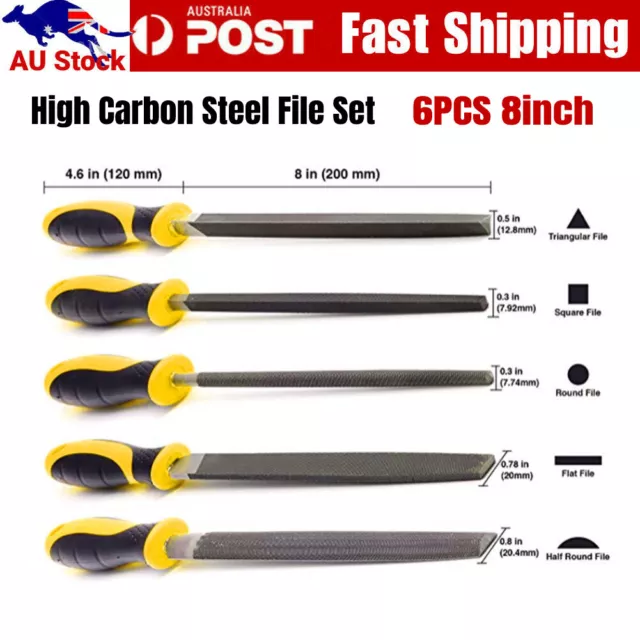 6pcs 8" High Carbon Steel File Set Round Square Flat Triangle Files Filing Tools