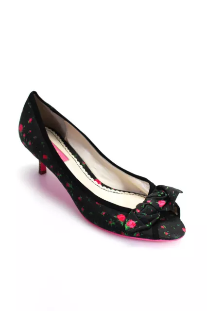 Betsey Johnson Womens Floral Open Toed Bow Accent Kitten Heels Black Pink Size 8