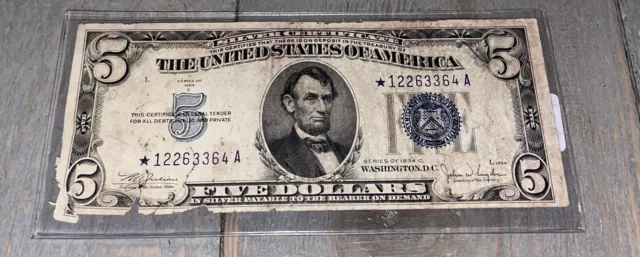 Series 1934 C $5 Five Dollar Silver Certificate Star Note Blue Seal  - N0105