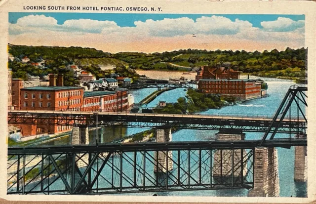Oswego NY River Bridge View New York Bill Burney Vintage Postcard c1930