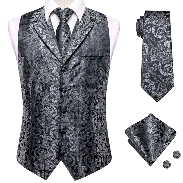 Mens Formal Wedding Waistcoat Floral Paisley Suit Vest Slim Tuxedo Silk Tie Set
