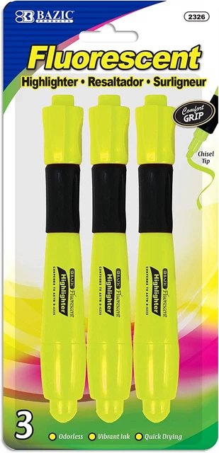 BAZIC Highlighter Yellow Color Desk Style, Soft Grip Chisel Tip Broad Fine Line