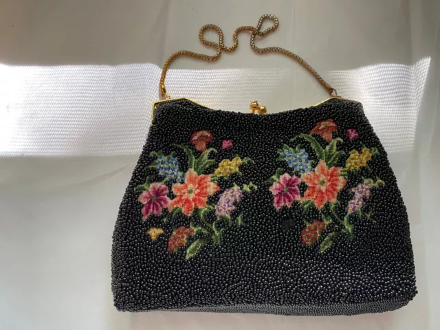 Vintage 1960'S Black Hand Beaded Evening Bag Pastels Pink Florals Hong Kong 2