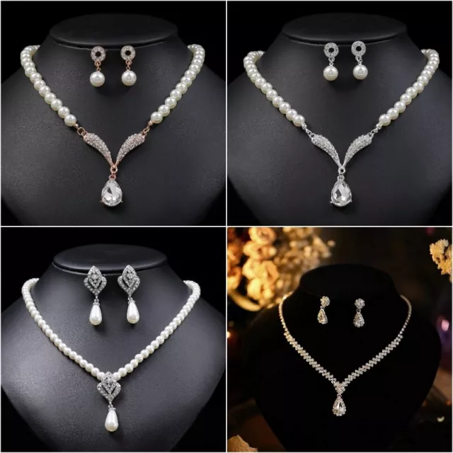 Fashion Women Lady Wedding 925 Silver Plated Pearl Necklace Earring Jewelry Set