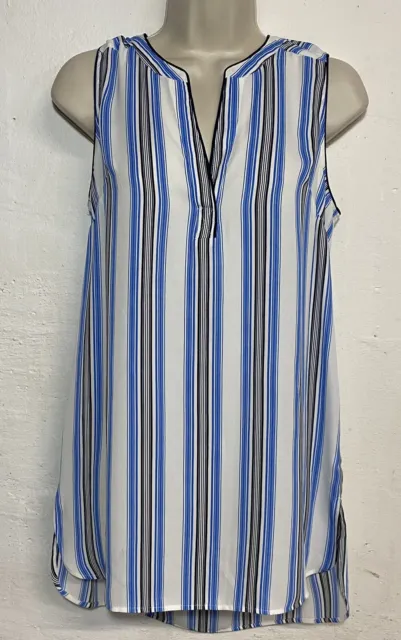 DR2 Daniel Rainn Small Sleeveless Tunic Top White Blue Stripe V-Neck Tank Top