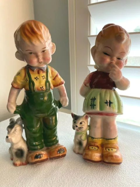 Set of 2 Vintage 9” Chubby Cheeked Boy Girl Cat Dog Porcelain Ceramic Figurines