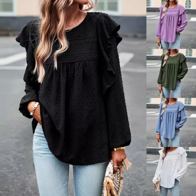 Womens Long Sleeve Round Neck Pullover Tops Ladies Casual Pleat Solid Blouse Tee