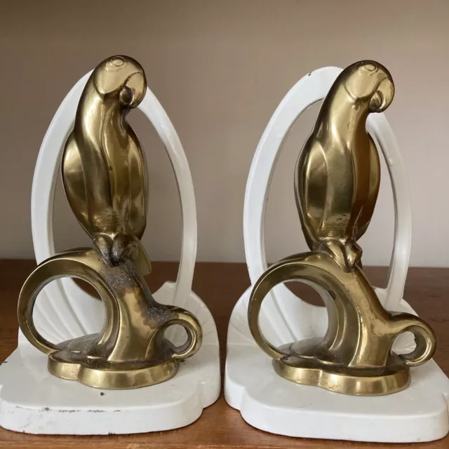 Vtg Signed Frankart Art Deco Gold Birds Parrots Bookends