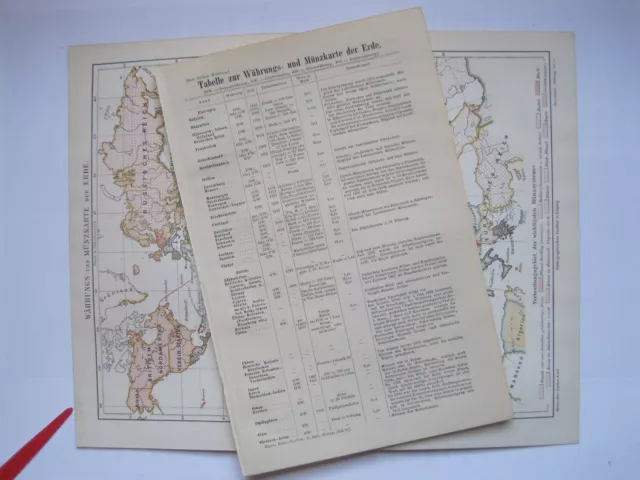 Alte Landkarte  "Währungs+Münzkarte der ERDE" + MÜNZTABELLE .  Original um 1900