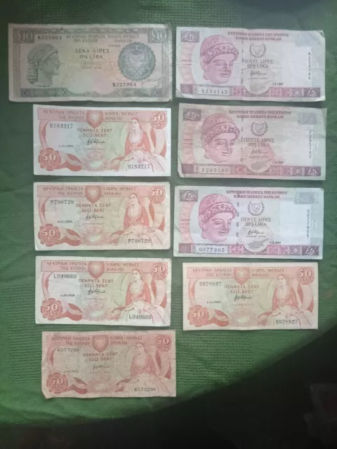 Cyprus : Set of  9 old vintage  Lira Banknotes.