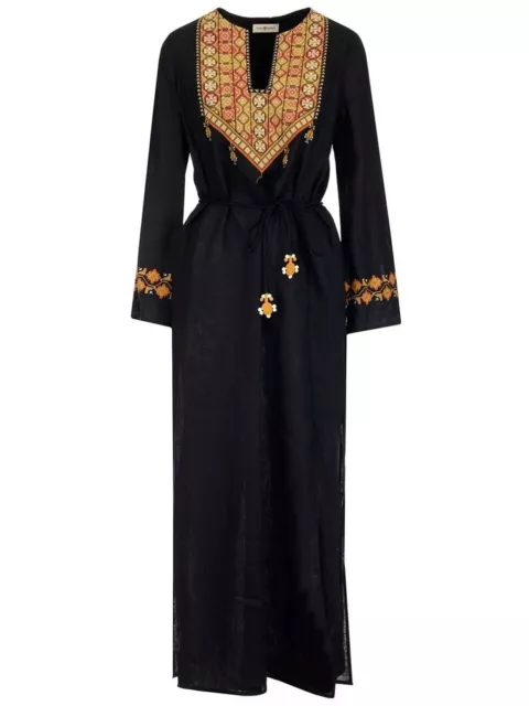 Tory Burch Womens Dress XS Black Linen Embroidered Long Caftan Belt Maxi $498