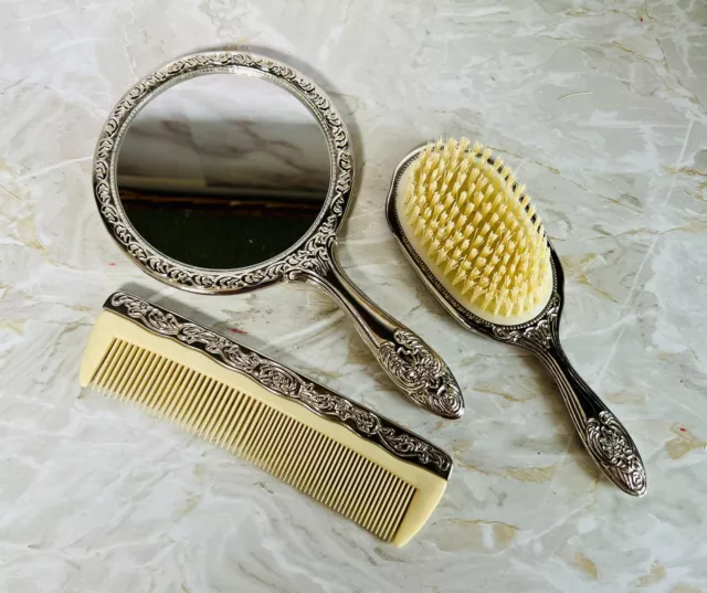 Vintage Embossed Ornate Silver Plated Brush , Comb & Mirror Vanity Set