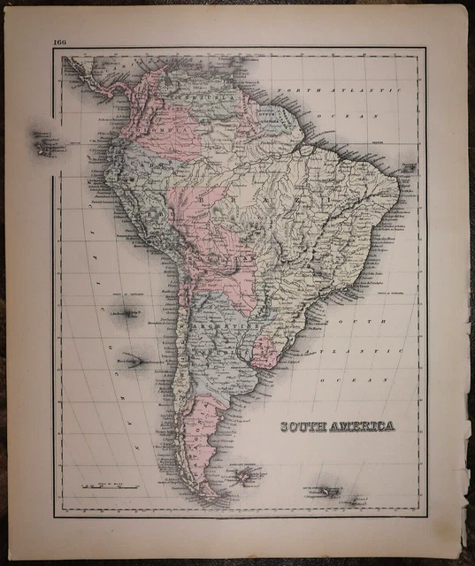Authentic 1882 O.W. Gray Atlas Map ~ SOUTH AMERICA ~ FreeS&H   Inv#175