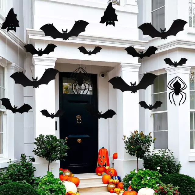 JOKBEN 16pcs Hanging Bats and Spiders Halloween Decorations Outdoor - Large Bats