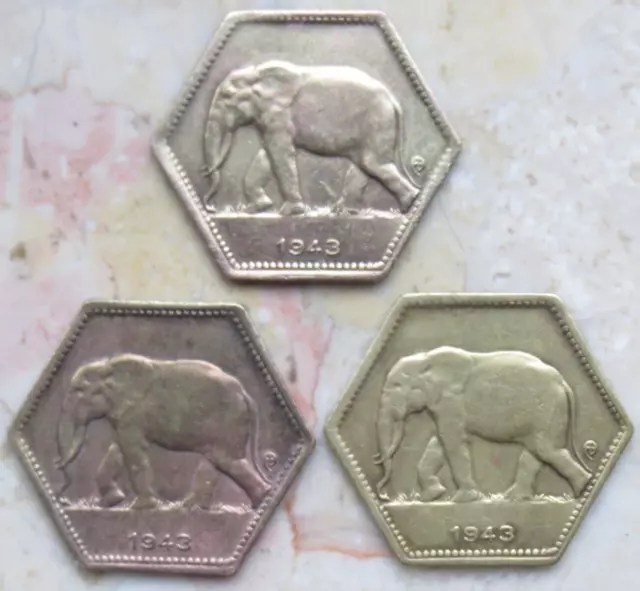 Belgium Congo 2 Francs 1943 KM# 25 *** 3 Pieces *** Belgian Kongo Belgique Belge