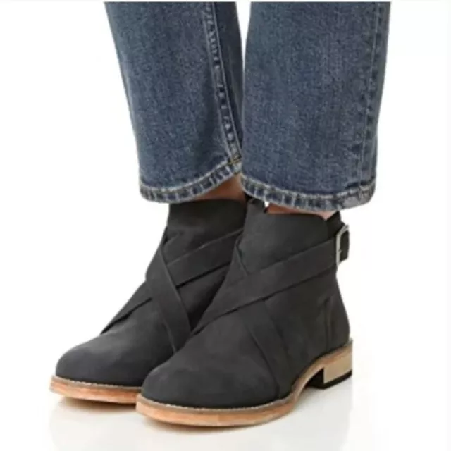 Free People Las Palmas Black Leather Cross Strap Ankle Boot Size 36 (6)