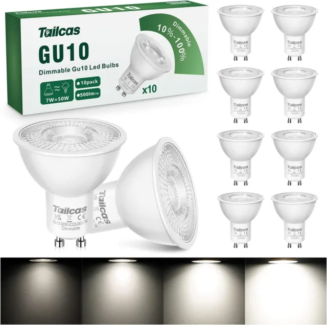 Tailcas GU10 LED Bulbs Dimmable, Cool White 6000K Spotlight 6000k