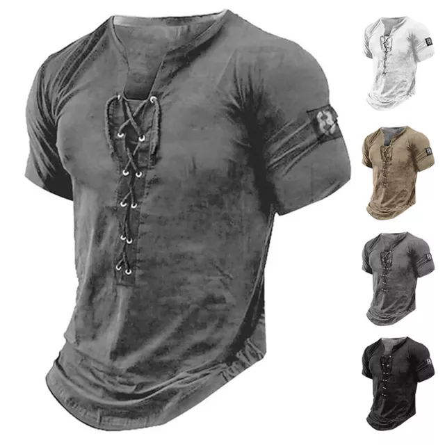 Mens Lace Up Muscle Slim Fit T-Shirt Manches Courtes Gym Sport Fitness Tee *