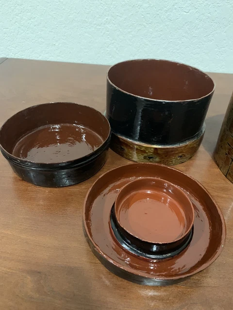Antique BURMESE Lacquer Round Wood Betel Nut Box Container With Four Compartment 5