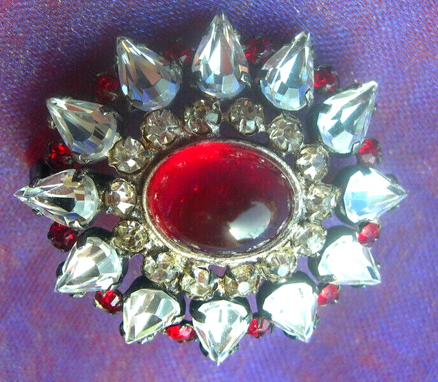 Broche Vintage Strass Et Perles - Cabochon Pâte De Verre Turquoise - Laiton