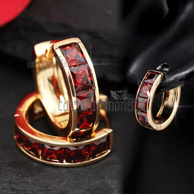 18K Gold Gf Channel Pave Band Red Garnet Princess Crystal Womens Hoop Earrings