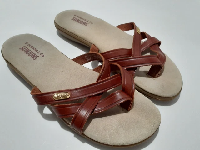 Bass Sunjuns Sharon Sz 7 M Womens Slip On Cross Strap Flat Sandals Brown Leather