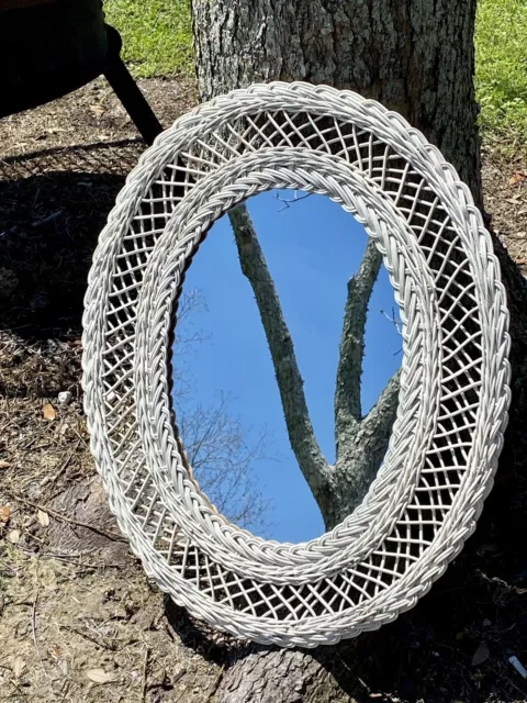 Vintage White Real Wicker Mirror  Shabby Wall Coastal Beach 24”X20”