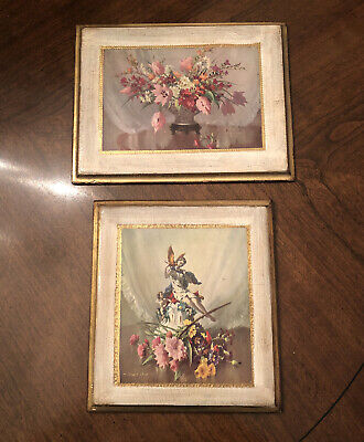 Vtg Pair Italian Florentine Gold Gilt Wood Floral Wall Plaques - Italy