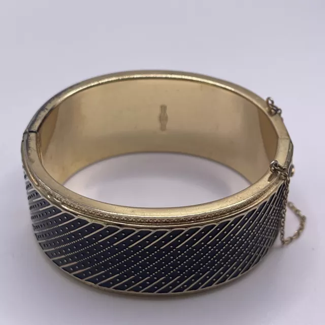 Vintage Signed 1950’s Whiting and Davis Gold Tone Black Enamel Cuff Bracelet
