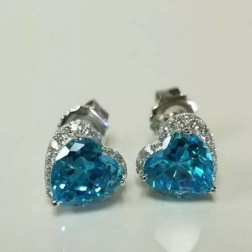 2.0 Ct Lab Created Heart Shape Stud Blue Topaz Earrings 14K Gold Plated SIlver 3