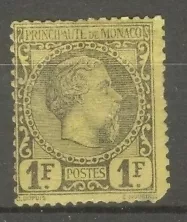 MONACO STAMP TIMBRE N°9 "PRINCE CHARLES III 1F NOIR SUR JAUNE 1885"NEUF x A VOIR