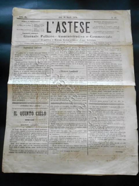 Storia Locale Asti - Giornale L' Astese - n. 37 / 1874