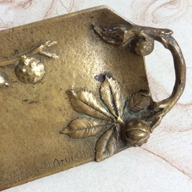 Vide-Poche Coupelle Bronze signé M. Arvisenet 1900 Art Nouveau Feuille & Marron 2