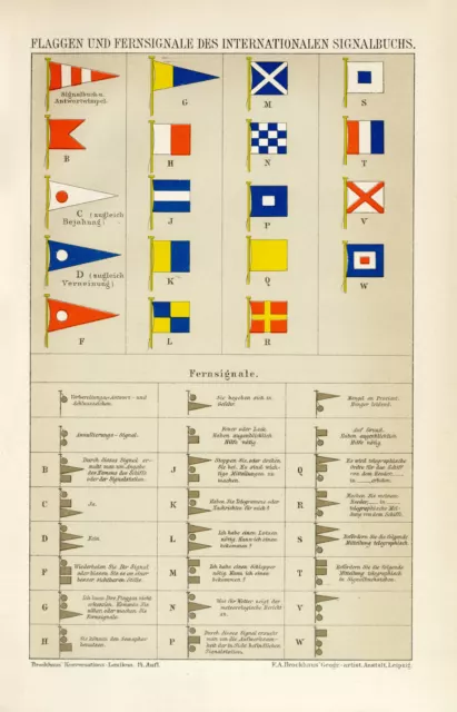Flaggen Fernsignale Seefahrt historische Bildtafel Chromolithographie ca. 1892
