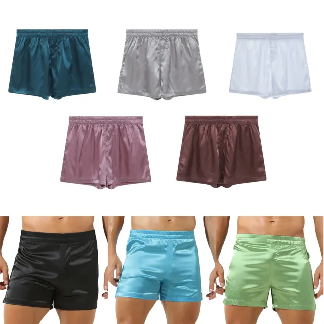 Men's Silk Boxer Sleep Shorts Side Split Boxer Briefs Satin Pajamas Loose Shorts